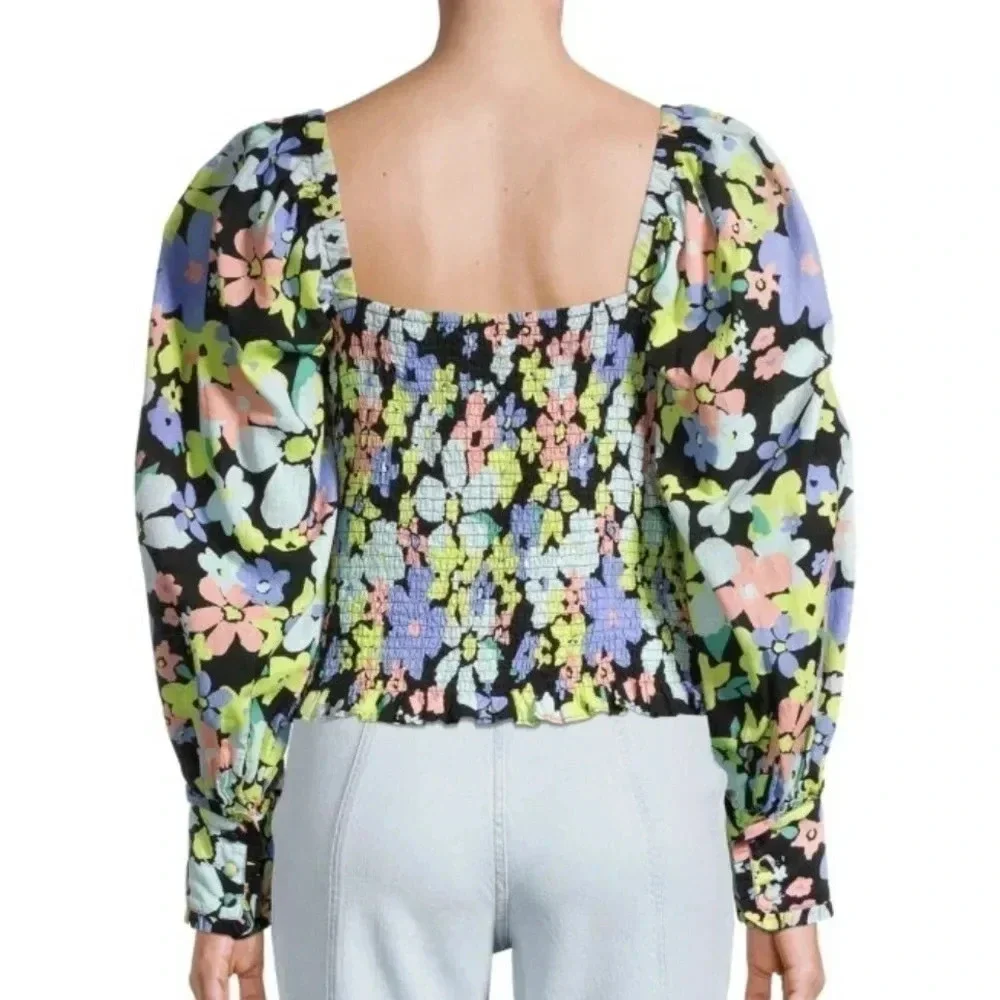 NWT Free People Ariana Floral Puff Sleeve Smocked Square Neck Blouse Sz XS